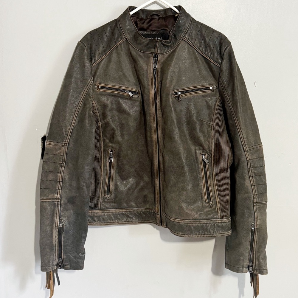 Black Rivet Brown Fringe Leather Jacket Size XXL